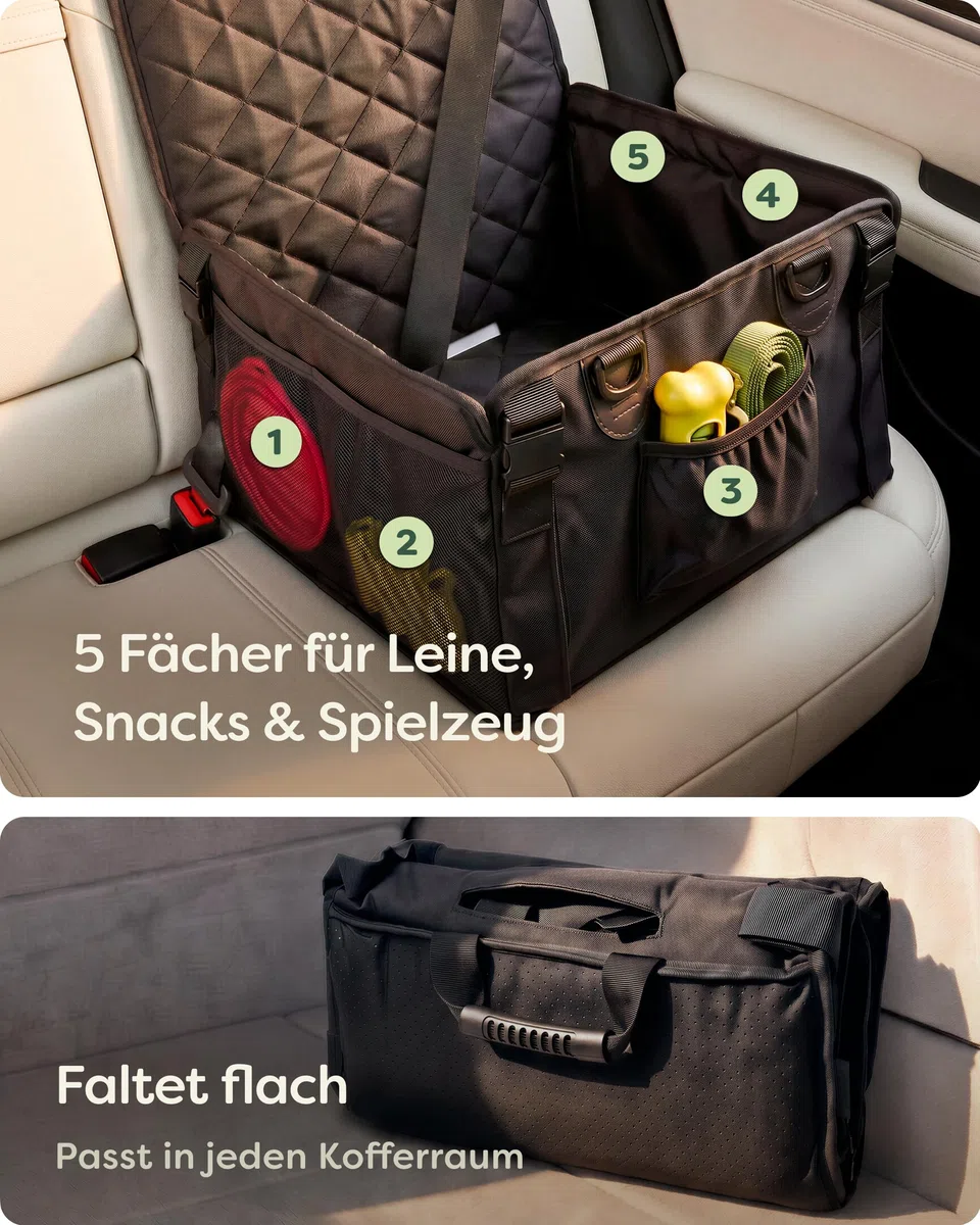 Knupis Extra Stabiler Hunde Autositz für Kleine Hunde - Wasserabweisend & Kratzfest mit 5 Taschen – 4 Befestigungsgurte & Befestigbare Leine – Verstärkte Wände mit Rutschfester Unterseite – Waschbar