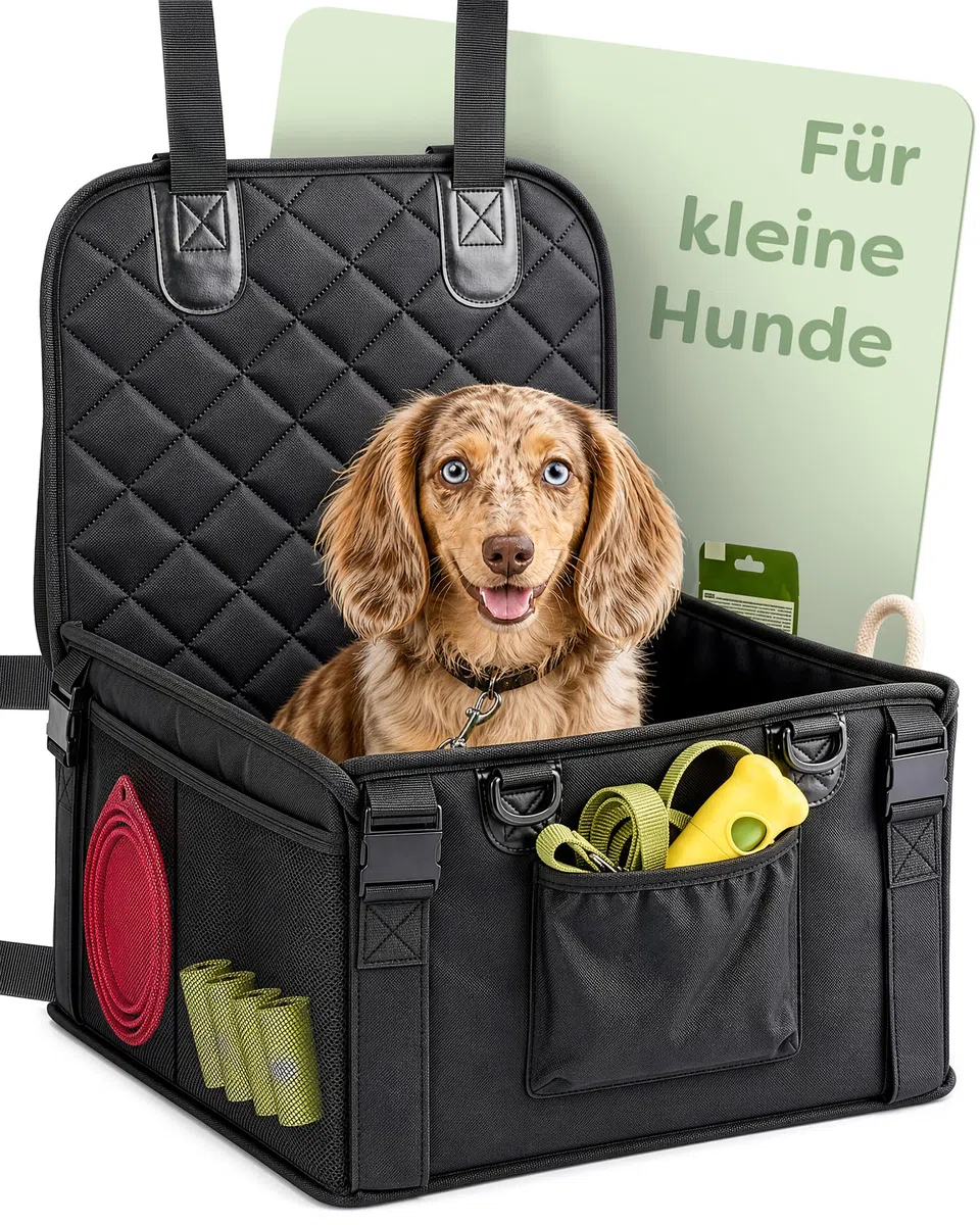 Knupis Extra Stabiler Hunde Autositz für Kleine Hunde - Wasserabweisend & Kratzfest mit 5 Taschen – 4 Befestigungsgurte & Befestigbare Leine – Verstärkte Wände mit Rutschfester Unterseite – Waschbar