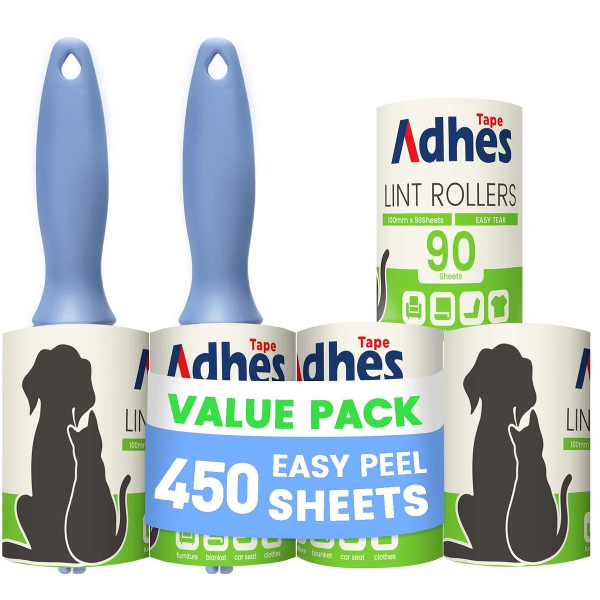 ADHES Fusselrolle 5 Rollen (je 90 Blatt),2 Griffe, Tierhaare Extra Klebrige, Lint Roller für Kleidung, Fusselrolle Tierhaare, Haare, Sofa, Bett, Katzenhaare, Hundehaare