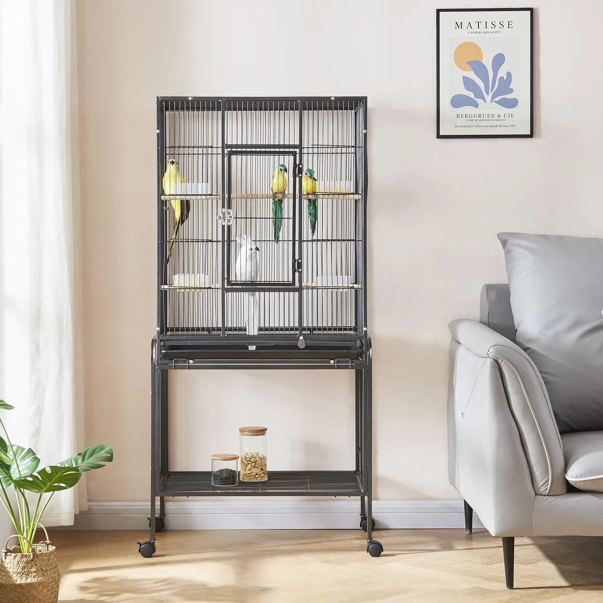Panana Großer Wellensittichkäfig aus Metall, Vogelkäfig mit Ständer, rollender Papageienkäfig für Nymphensittiche, Graupapageien, Sittiche, Finken, Kanarienvogel, Flugkäfig für kleine Haustiertiere
