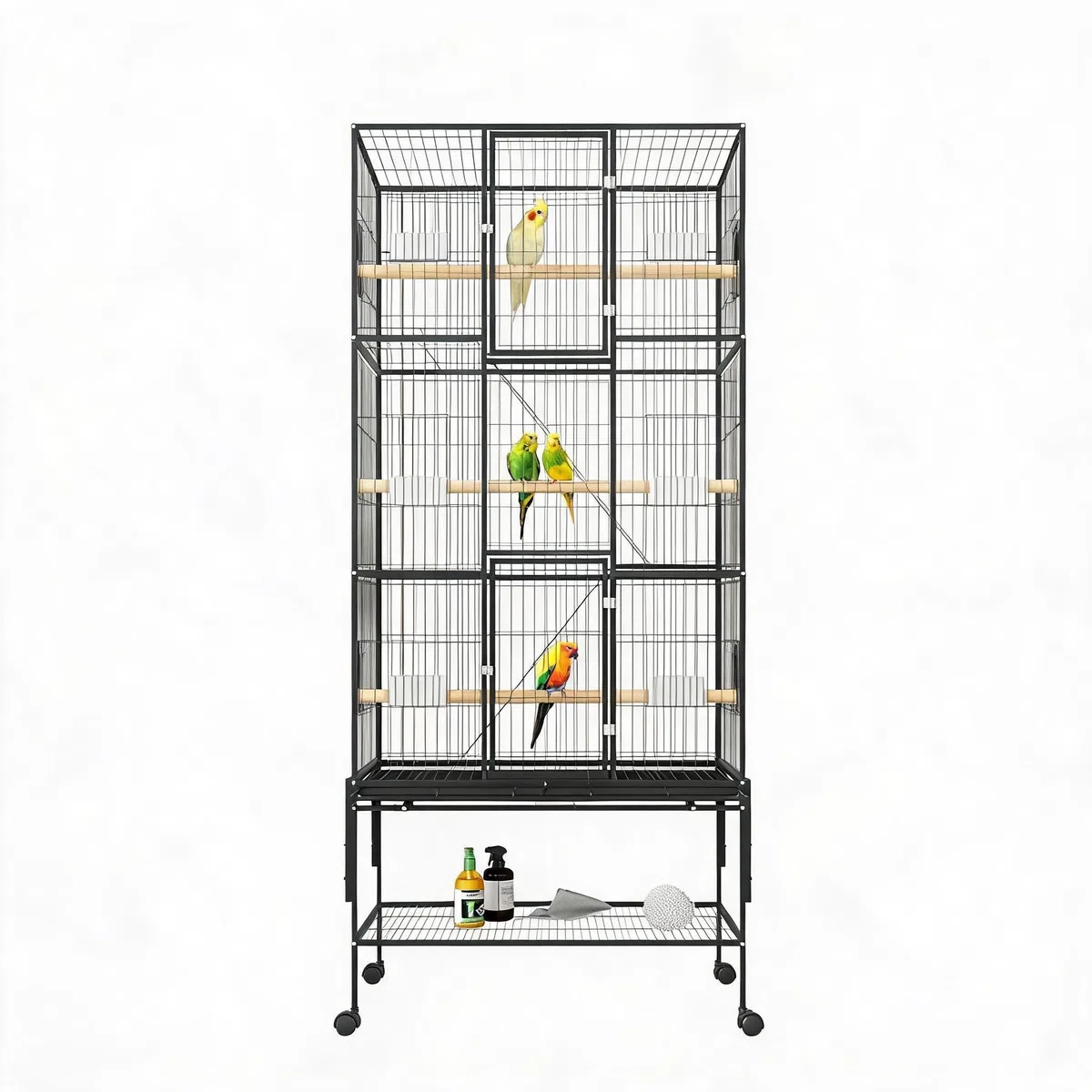 Vogelkäfig,Holzstangen, rollbarem Stand, Schmutzwanneneinsatz 81x46x175cm