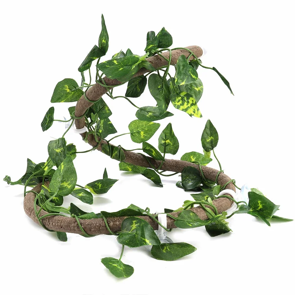 Reptilienreben, 3,28ft künstlicher Reptilien Kletterzweig mit Saugnäpfen Flexibles Dschungelrattan mit 6,89ft langem Rebhabitat Dekor für Gecko Chamäleon Amphibien[3,28ft Rattan + Scindapsus Blätter]