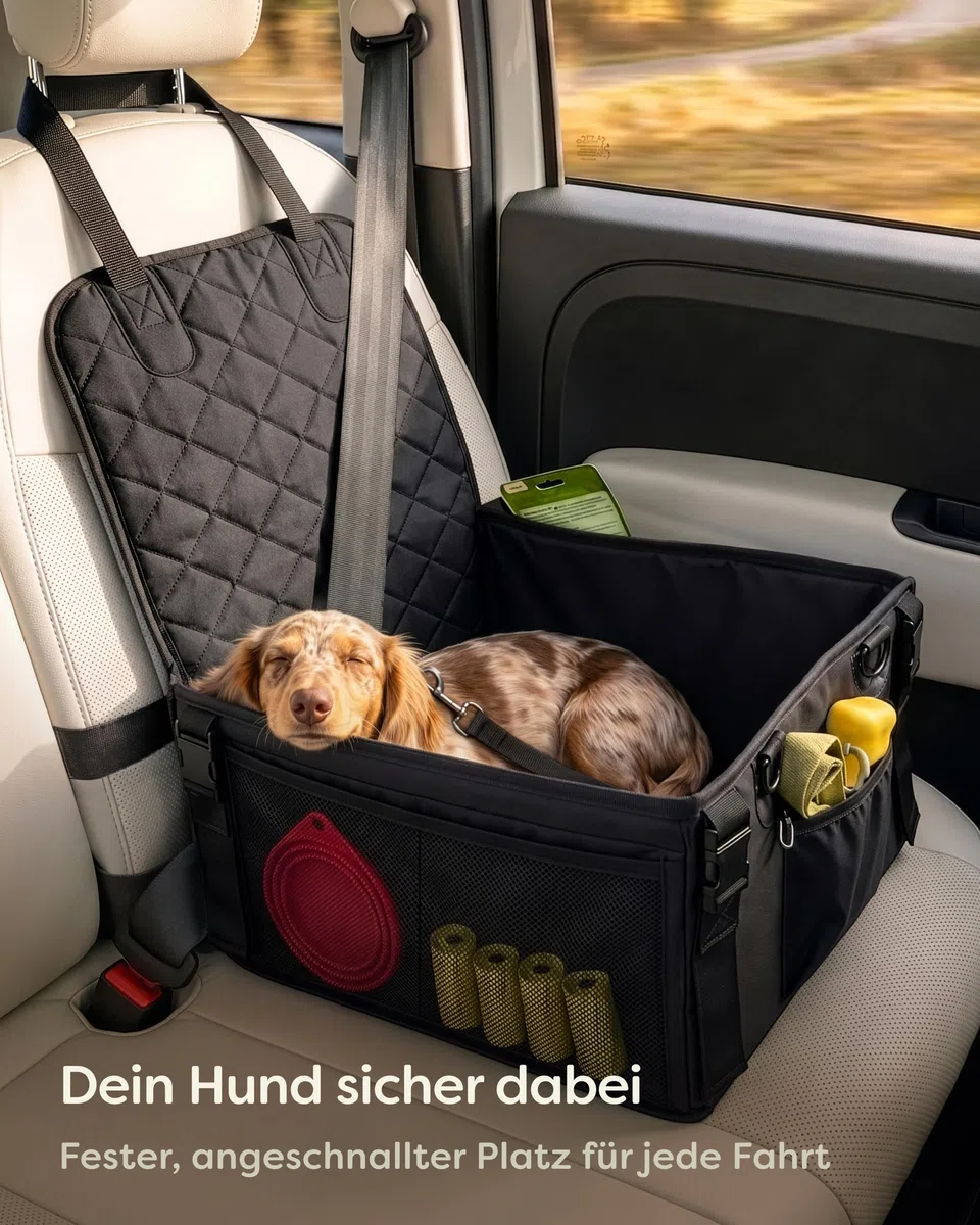 Knupis Extra Stabiler Hunde Autositz für Kleine Hunde - Wasserabweisend & Kratzfest mit 5 Taschen – 4 Befestigungsgurte & Befestigbare Leine – Verstärkte Wände mit Rutschfester Unterseite – Waschbar
