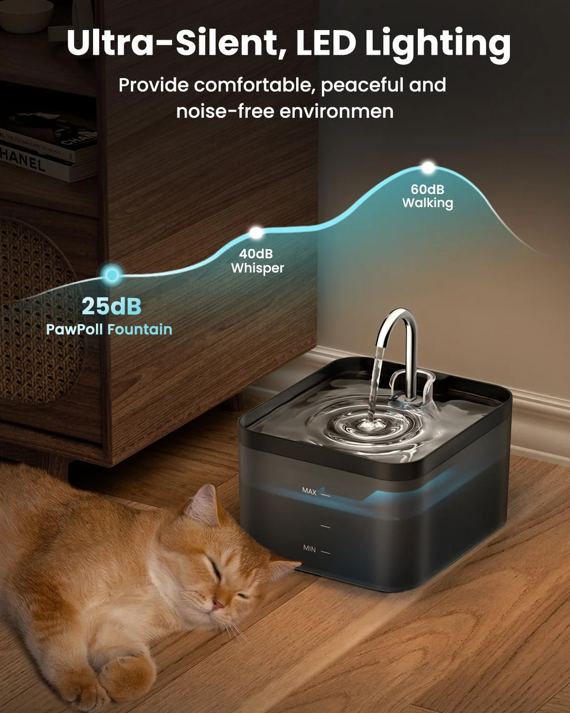 PawPoll Katzenbrunnen, 2,2L Trinkbrunnen für Katze, Super Leiser, Wasserhahn-Design Wasserbrunnen für Katzen mit LED und Aktivkohlefilter, Leicht zu Reinigen, BPA Frei, Zwei Wasserfluss-Designs