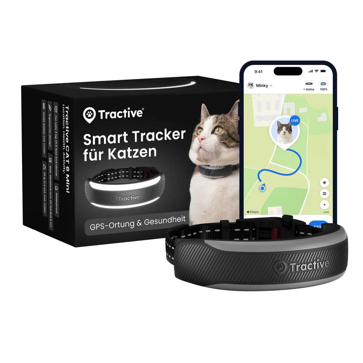 Tractive Smarter Katzen GPS Tracker Mini | Modell 2026 | Marktführer | Live-Ortung | Gesundheitswarnungen & Vitalwerte | Sicherheitsverschluss | Integriertes Halsband (Schwarz)