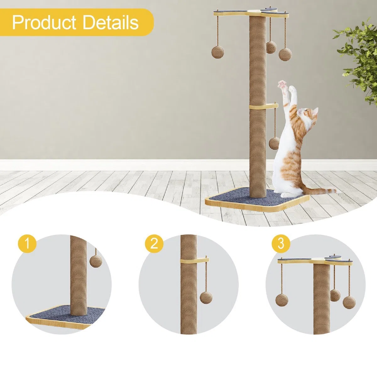 predolo Kratzbaum Katzen Kratzsäule Sisal Kletterbaum Kratzspielzeug mit Interaktivem Ball Zum Spielen Und Klettern aus Holz Und Filz für Hauskatzen