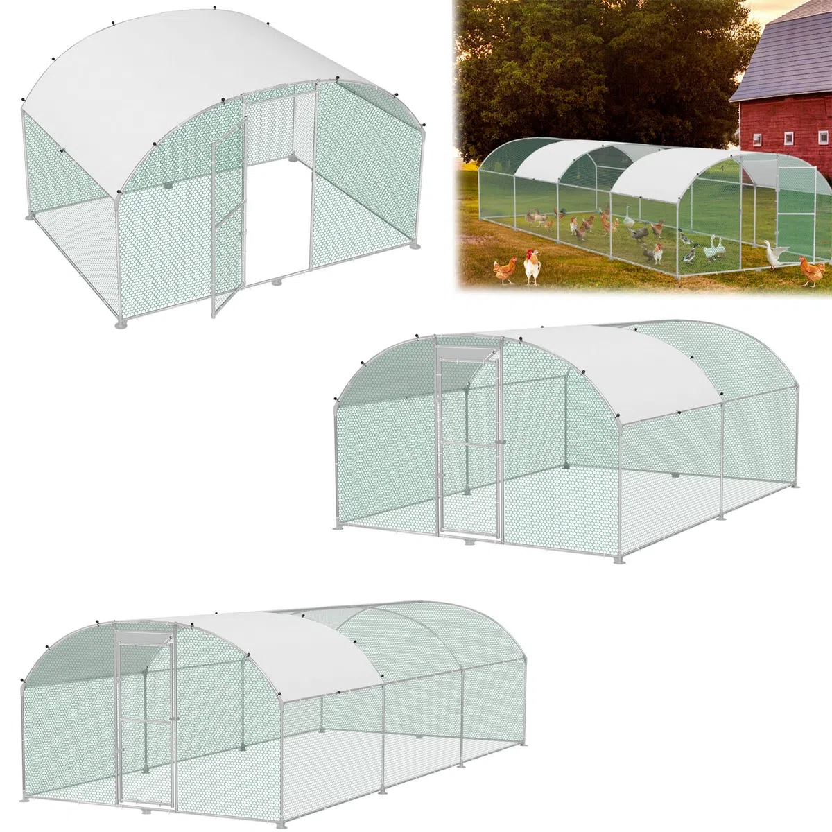 LILIIN 3x2x2m Freilaufgehege Hühnerstall Käfige Kleintierstall aus Verzinkter Stahl, Geflügelstall Hühnerhaus Bogenform Design mit PE Sonnenschutzdach Winterfest, mit Schloss, Kuppeldach