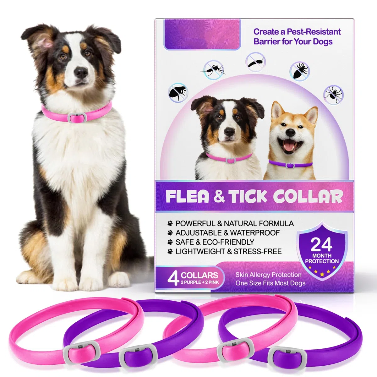 Zeckenhalsband für Hunde 4 Stück, Zecken-Flohschutz Halsband für Hunde, Verstellbar Flohhalsband für Hunde 60 cm, 24 Monate wirksamer Schutz gegen Zecken Und Flöhen | Wasserfest