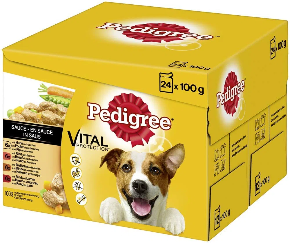 Pedigree Vital Protection Hundenassfutter im Beutel – Hundefutter in Sauce mit Huhn, Rind, Truthahn & Lamm –2 x 24 x 100g Großpackung