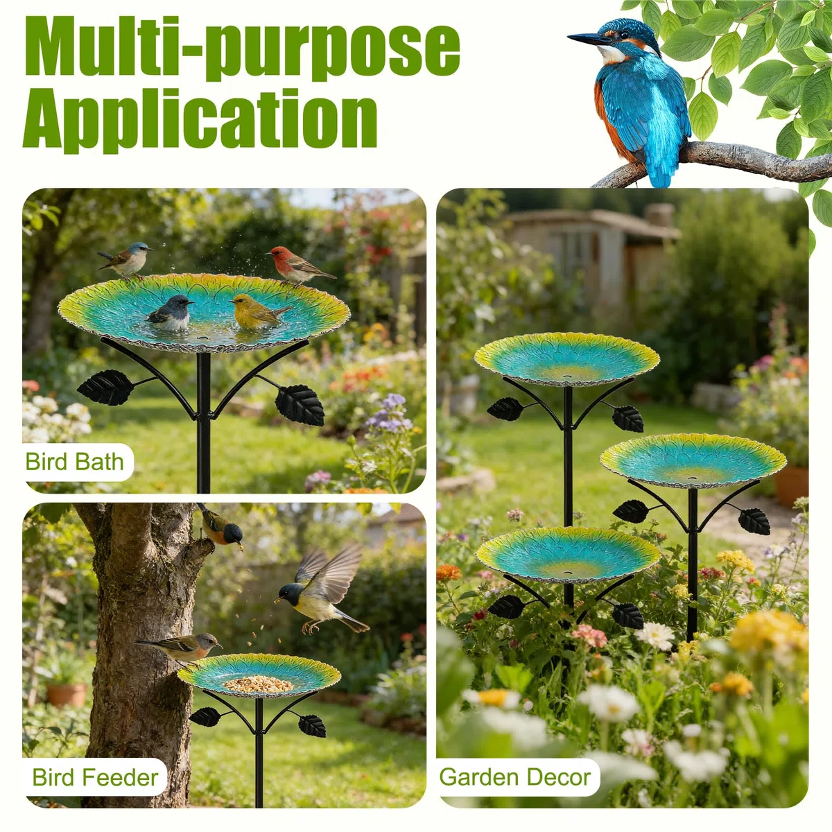 Vogeltränke Stehend, 24.5 * 83cm Vogelbad Garten Stehend Gelb-Türkis Verlauf, Vogeltränke mit Erdspieß (Grün)