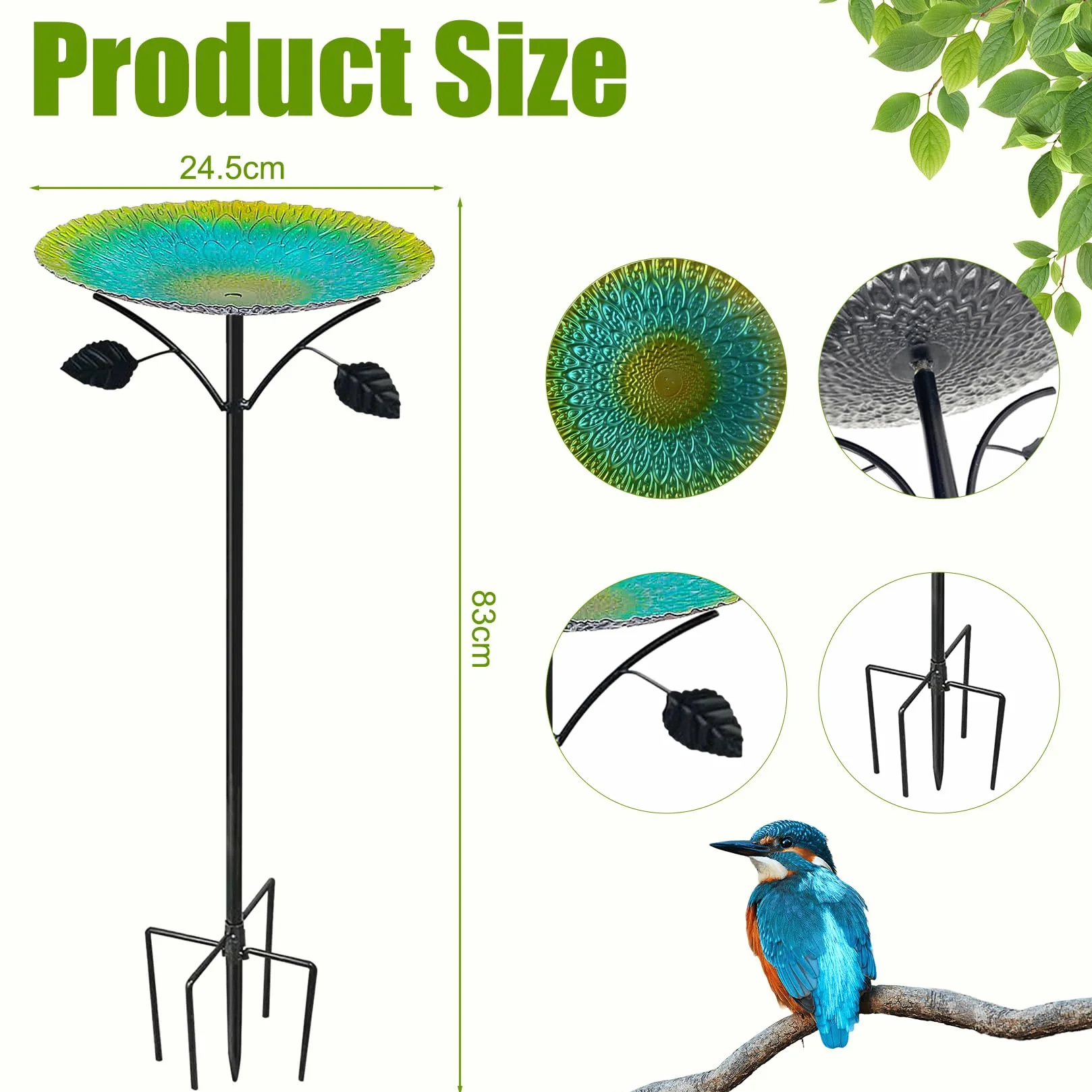 Vogeltränke Stehend, 24.5 * 83cm Vogelbad Garten Stehend Gelb-Türkis Verlauf, Vogeltränke mit Erdspieß (Grün)