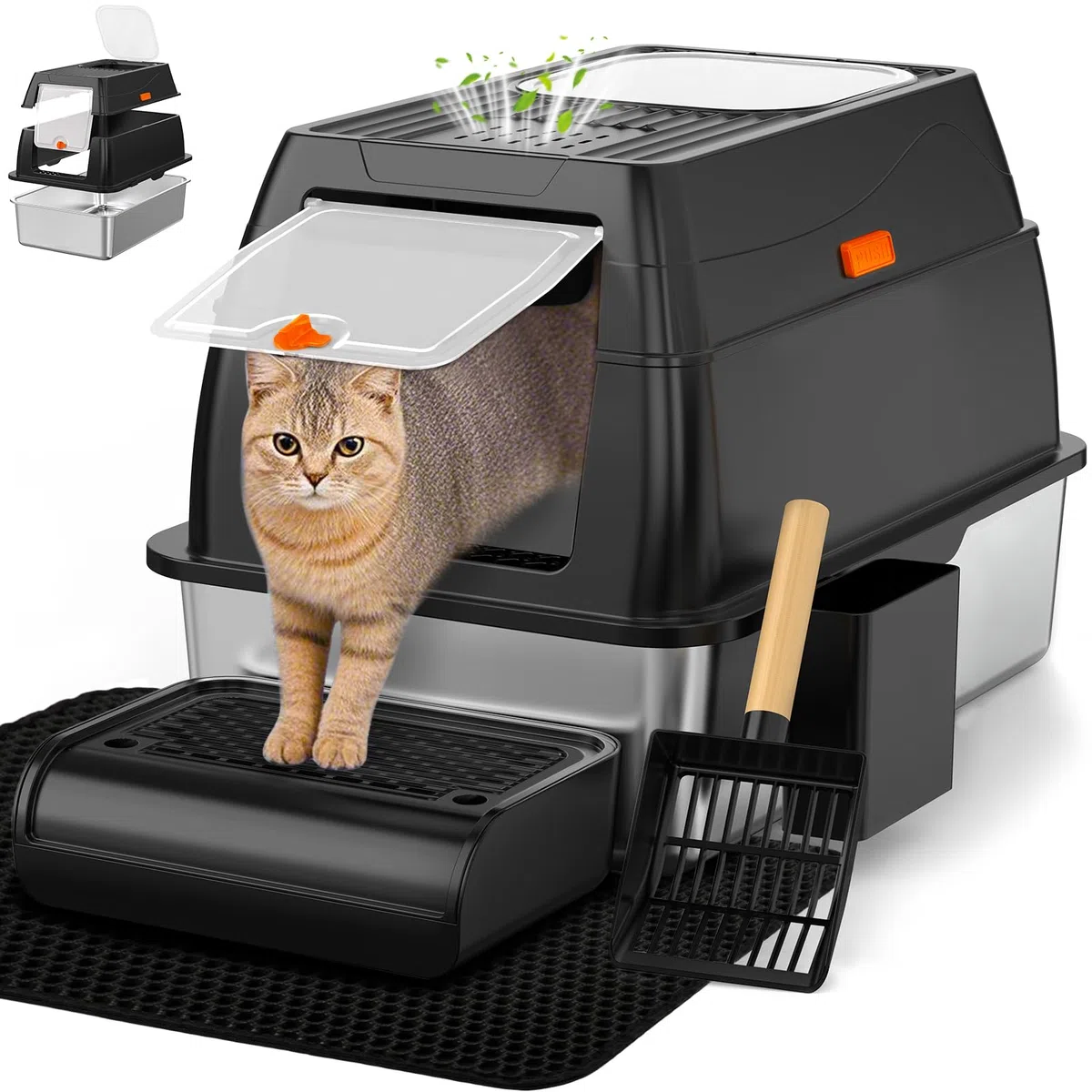 Vivifying XL Katzentoilette aus Edelstahl mit Deckel, Fronteingang, Schwarz