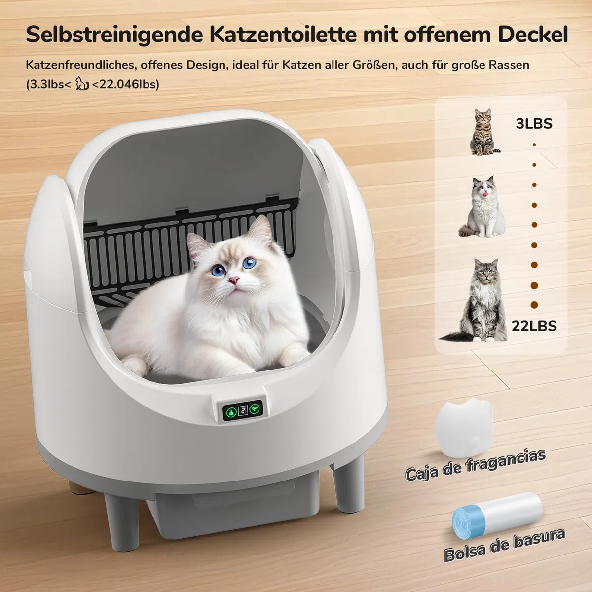 Katzenklo Selbstreinigende Katzentoilette Offene, Automatische Katzentoilette mit App & Sicherheitssensor, Geruchsbeseitigung, Große Fassungsvermögen, Anti Pinch Self Cleaning Cat Litter Box